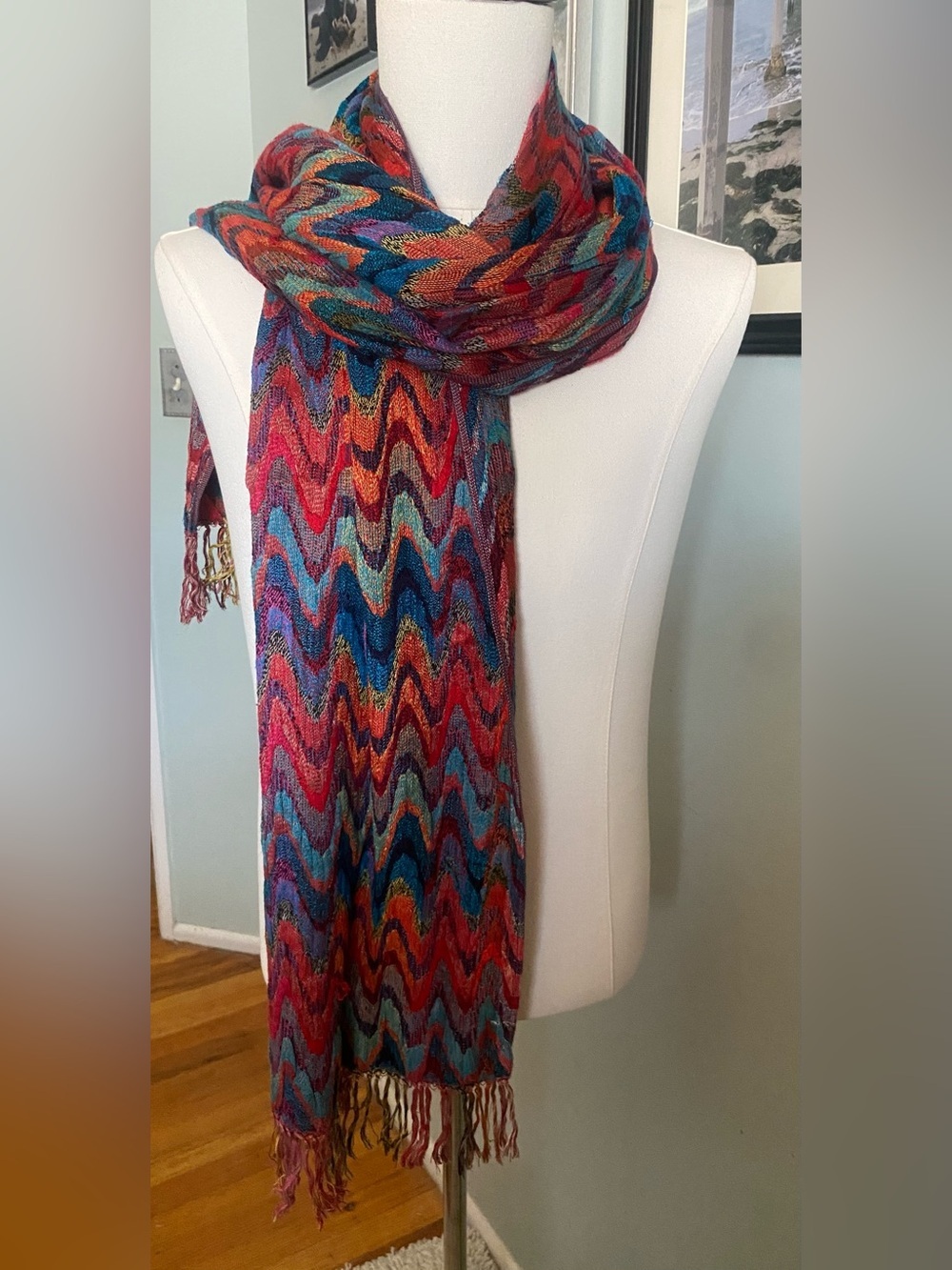 Multicolor Chevron Knit Fringe Scarf | Missoni Style Zigzag Woven Wrap Shawl